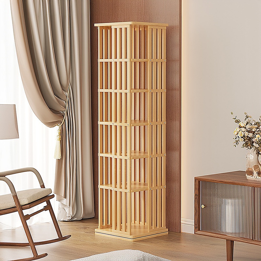 360 Rotating Bookshelf Bamboo Storage Display Rack Shelving in Wood — image 2
