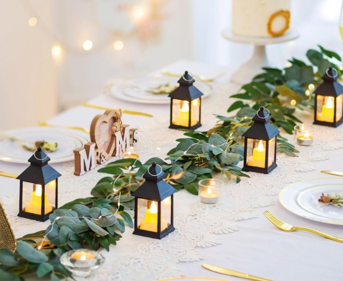 Decorative black lanterns for outdoor tables - Set of 2 mini LED metal lanterns for Halloween, weddings, Ramadan, gardens, Christmas, balconies, indoor and — image 3