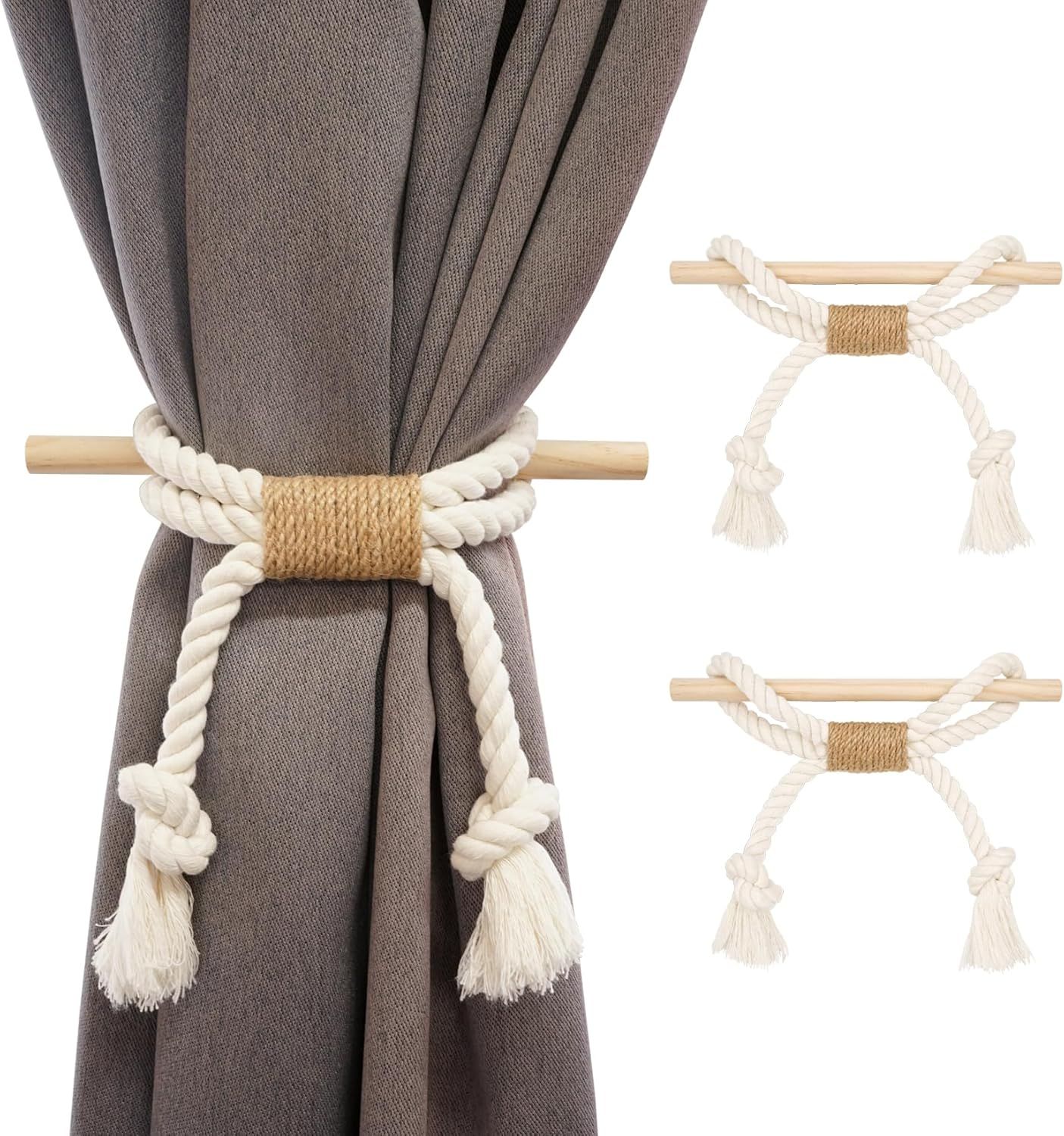 Curtain Tiebacks Rustic Holdbacks for Drapes, Farmhouse Tie Backs for Curtains, Cotton Jute Rope with Wood Club, Natural Boho Decor Shabby Chic Drapery