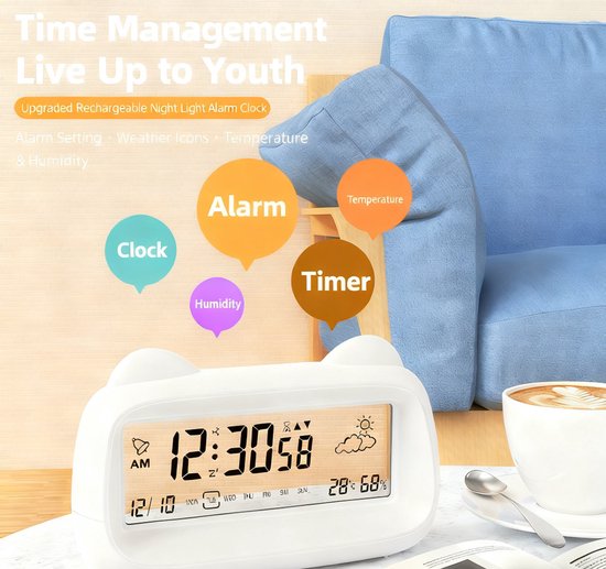 Alarm Clock - Digital Clock - Smart Alarm Clock - Electronic Calendar - Cat-shaped Alarm Clock with Light - Real-time Temperature and Humidity Monitoring