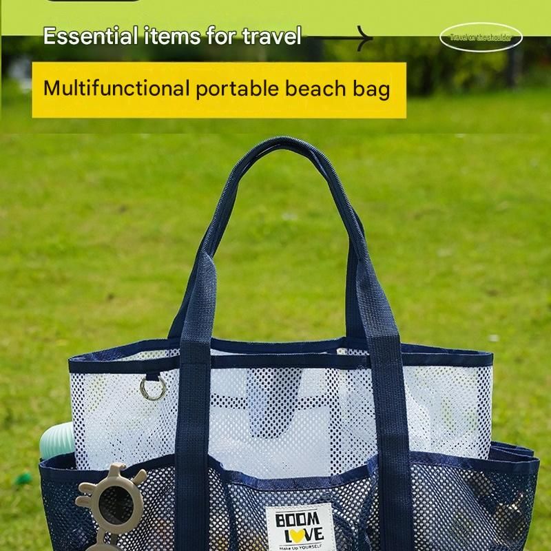 Blue-White Large Capacity Mesh Beach Tote Bag - Breathable Polyester Swim Bag with Multi-Pocket Storage, Quick-Dry Design for Travel, Gym, and Poolside Use — image 2