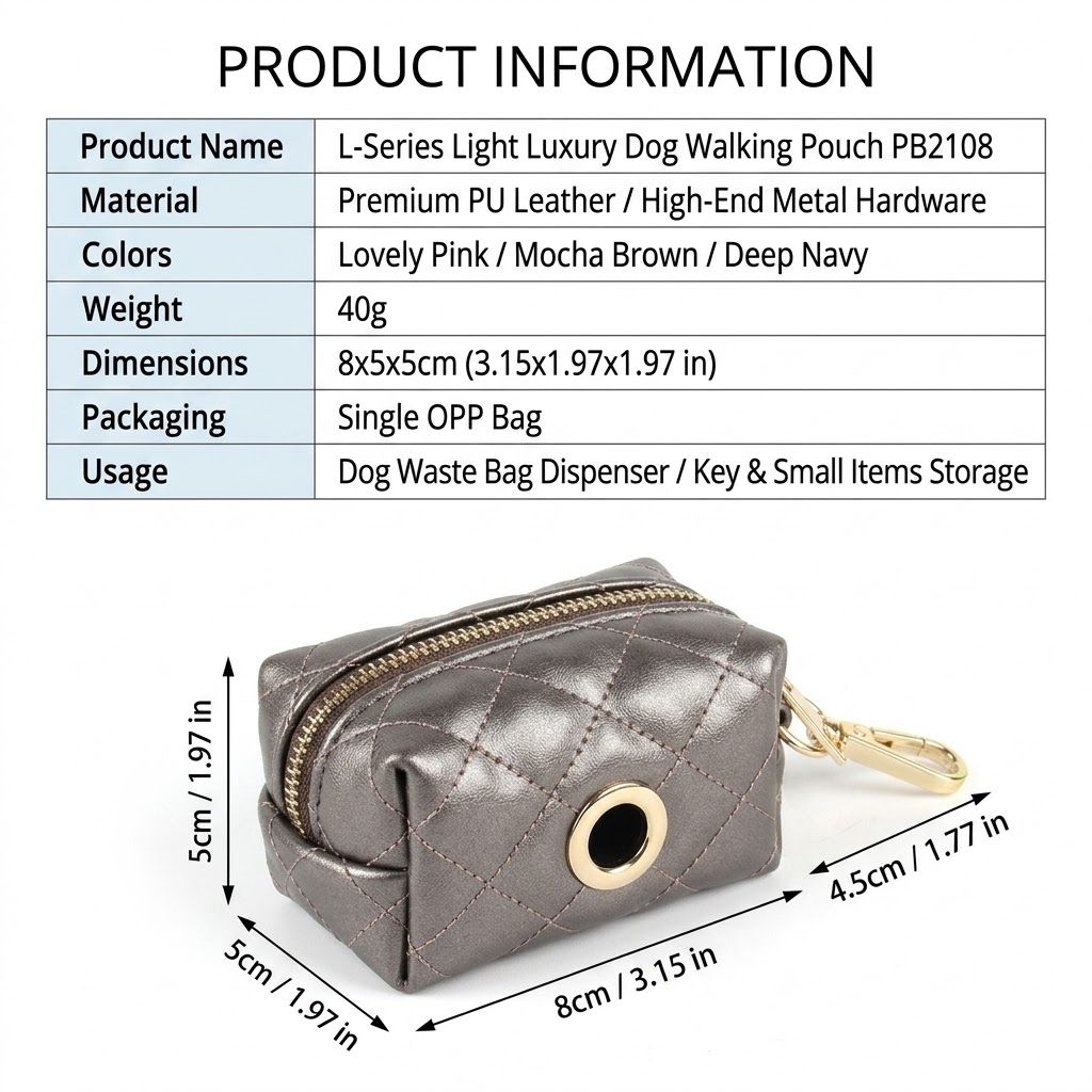 Luxury Dog Walking Organizer Pouch with Heart Quilting, PU Leather Poop Bag Dispenser and Key Holder, Compact Cube Design with Premium Gold Hardware — image 2