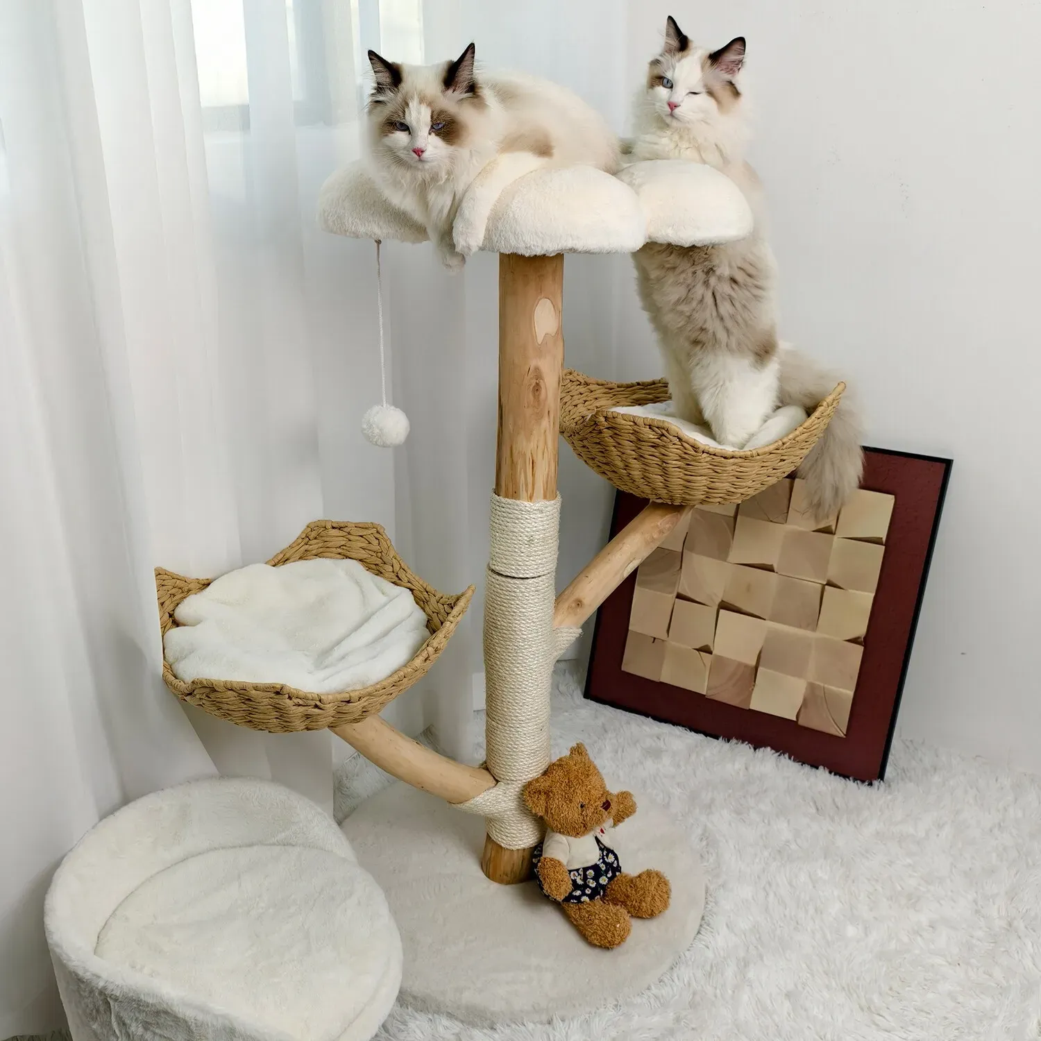 Extra Large Black Cat Tree Tower with Real Wood and Wicker Basket, 60x111cm โ image 5