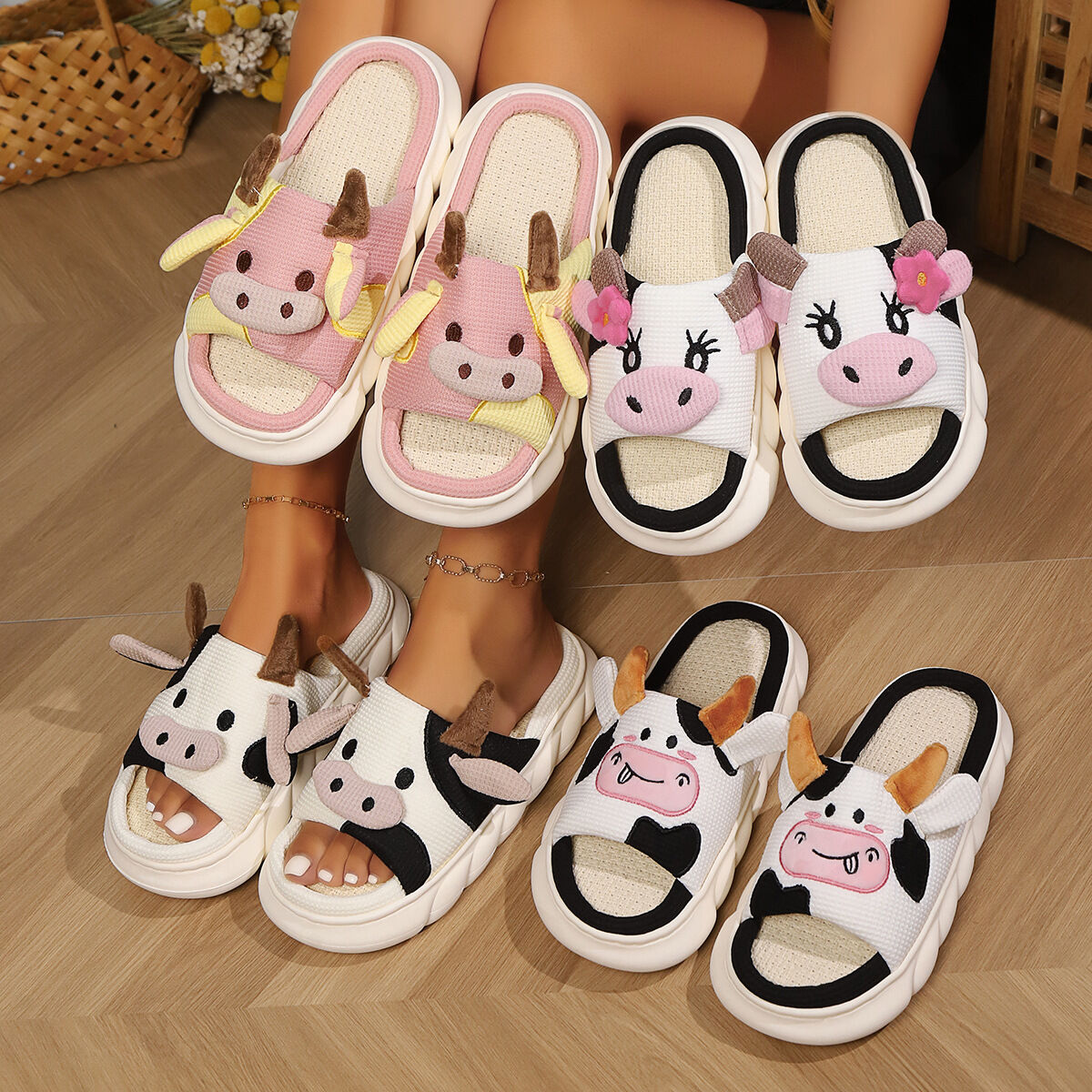 Unisex Cow Cartoon Linen Slippers: EVA Thick Sole Non-Slip Beach Sandals for Couples & Parent-Child, 7 Styles(black-41-42) — image 4
