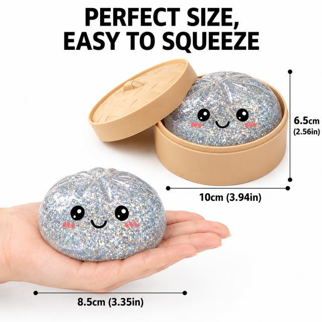 Realistic Steamed Bun Squishy Stress Relief Toy with Steamer Basket - Pink Glitter TPR Slow Rebound Squeeze Fidget for Adults โ image 3
