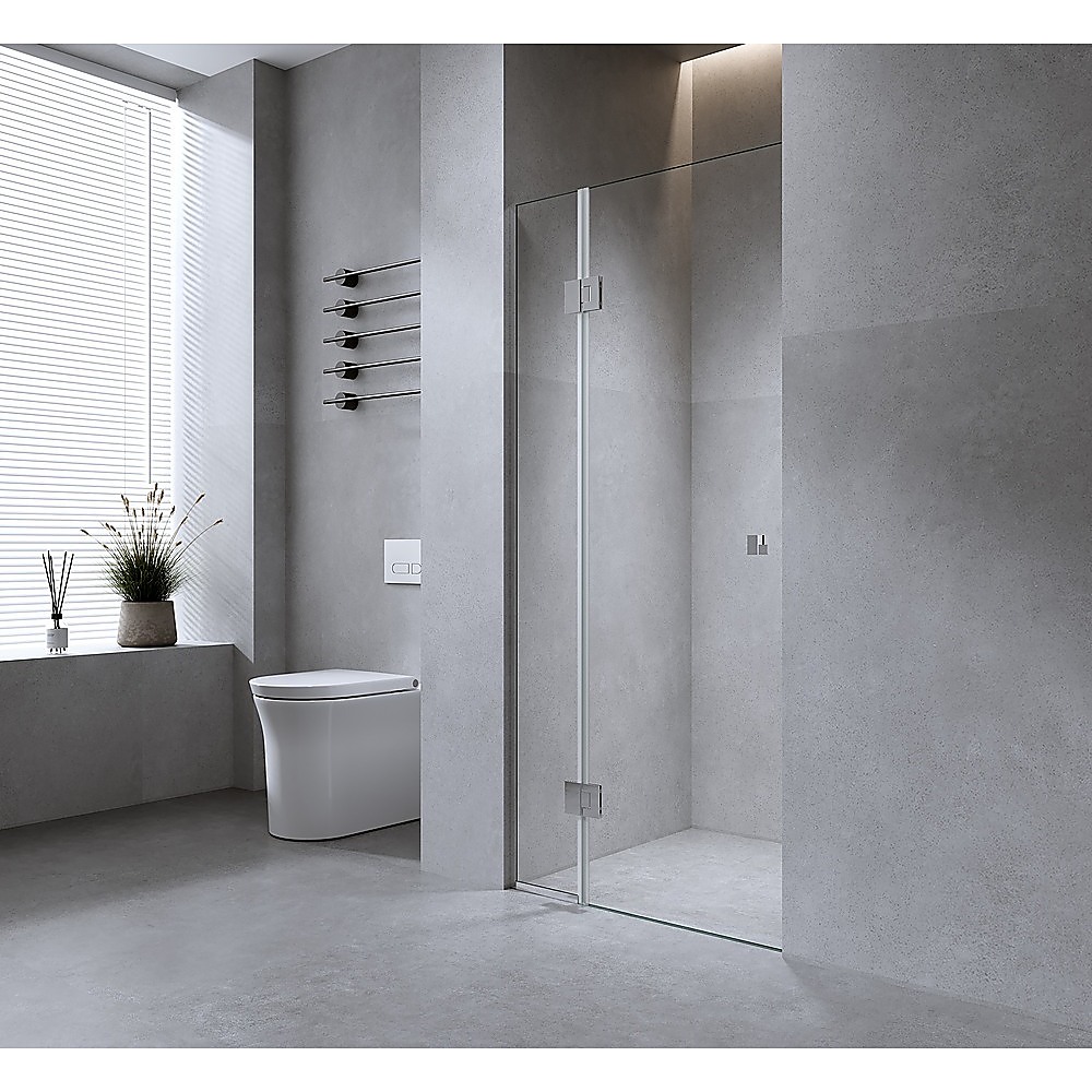 110cm Wall to Wall Frameless Shower Screen – Gold Wall Channel, SS Hinges & Square Double Pull Handle