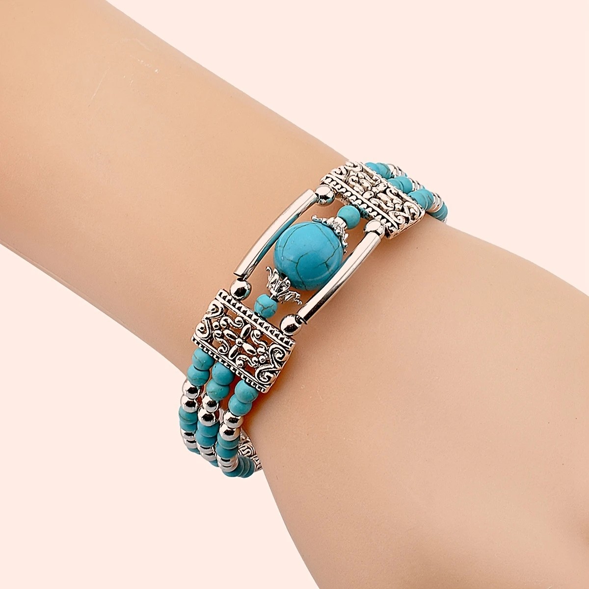 2pcs Ethnic-style Vintage Open Bracelet, Turquoise Beads with Silver Carved Accents, Bohemian Exotic Charm, a Personalized Accessory for Daily and Travel โ image 3
