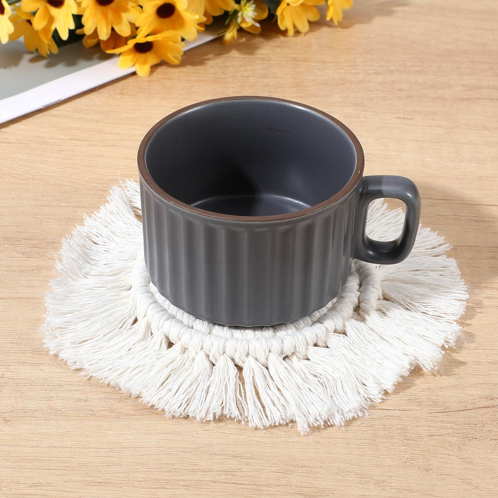 4 PCS Boho Coasters for Drinks Absorbent, Cotton Coasters for Wooden Table Round Drink Coaster Set with Tassels Housewarming Gift Bar Coffee Table Office Desk — image 3