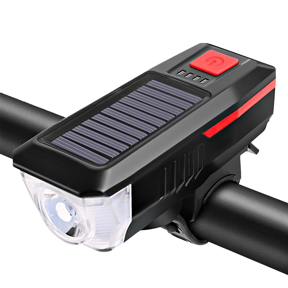 Bicycle headlamp,Charging Bike Light Bicycle Bell Horn Lamp Bike Flashlight Bike Front Light USB/Solar-Charged Rechargeable