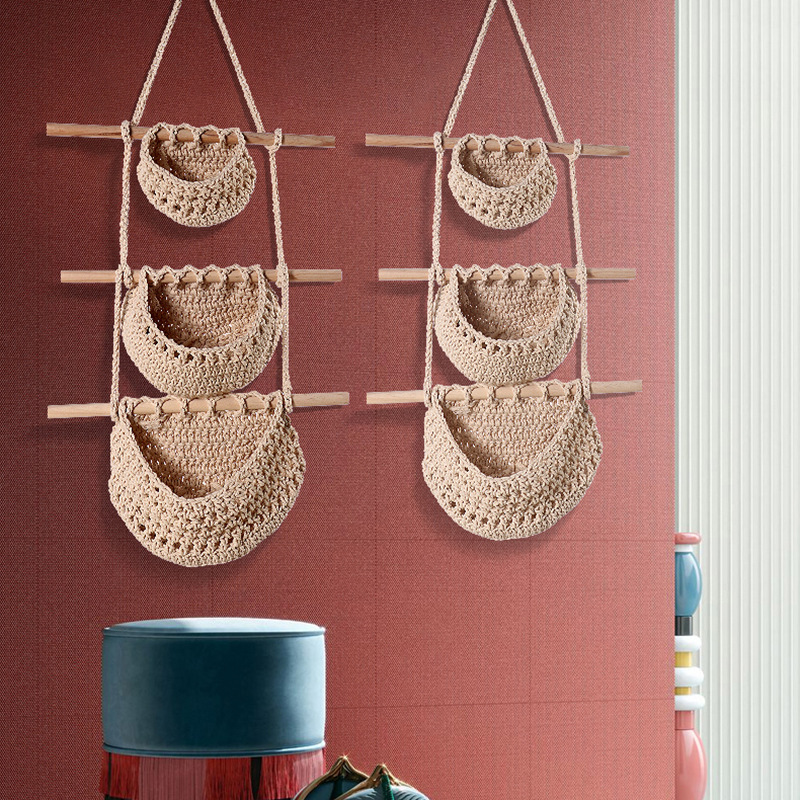 Single-layer cotton rope style Bohemian Hanging Fruit Basket – Wall-Mounted Woven Storage Net Pocket for Kitchen & Home Decor — image 4