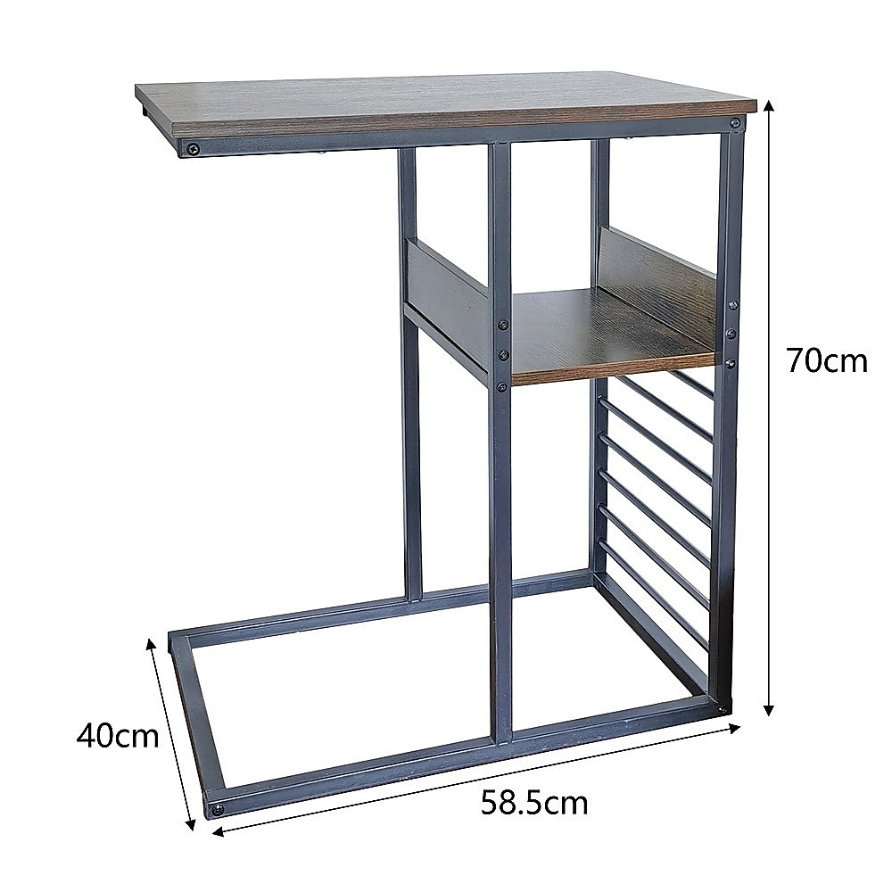 Industrial C Shaped Sofa Side Table with Wooden Shelf Couch Laptop Snack End Table โ image 6