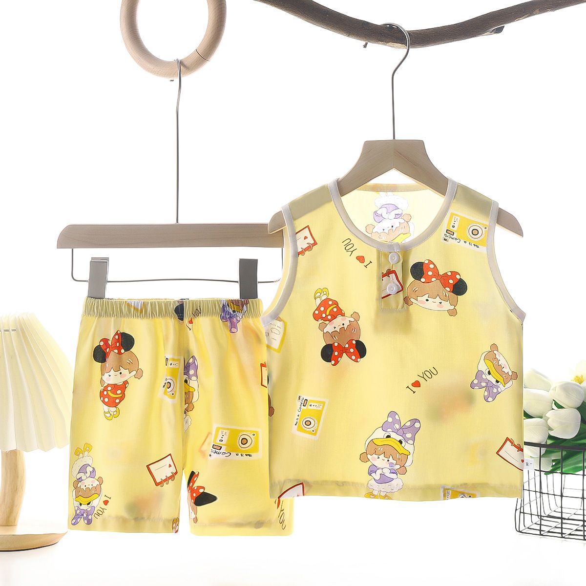 Tong Xinyuan Kids Cotton Silk Vest Set Shorts (Yellow) Car Cotton Silk Vest Set 130cm โ image 5