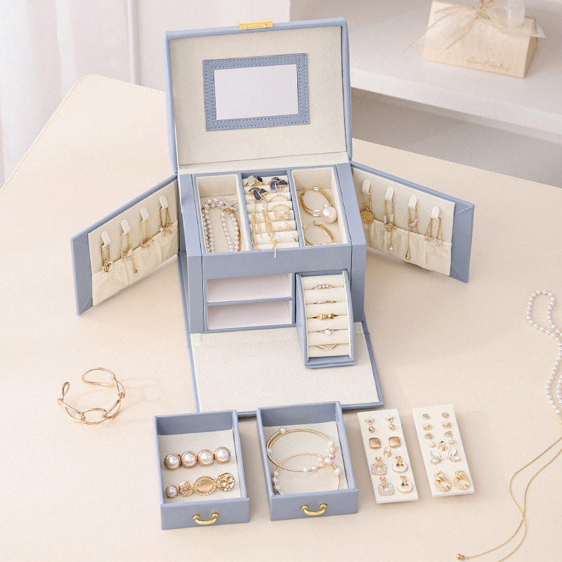 White Luxury PU Leather Jewelry Storage Box - 3-Tier Organizer with Mirror for Necklaces, Earrings, and Rings(Jewelry is a photo prop and is not โ image 3