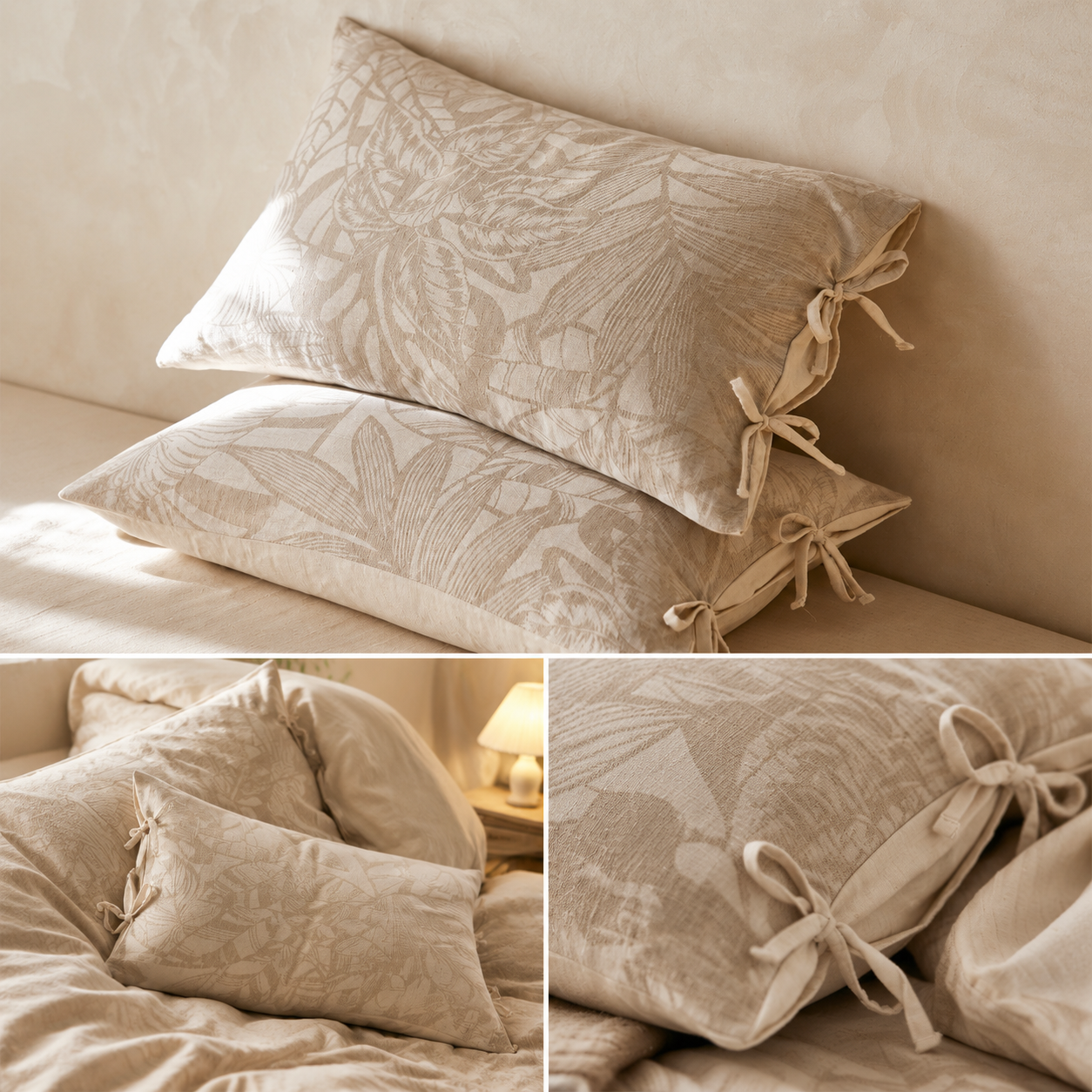 Linen Cotton Pillowcase Pair with Tie Closure Floral Pillow Covers 48x74cm (Style 3) — image 3