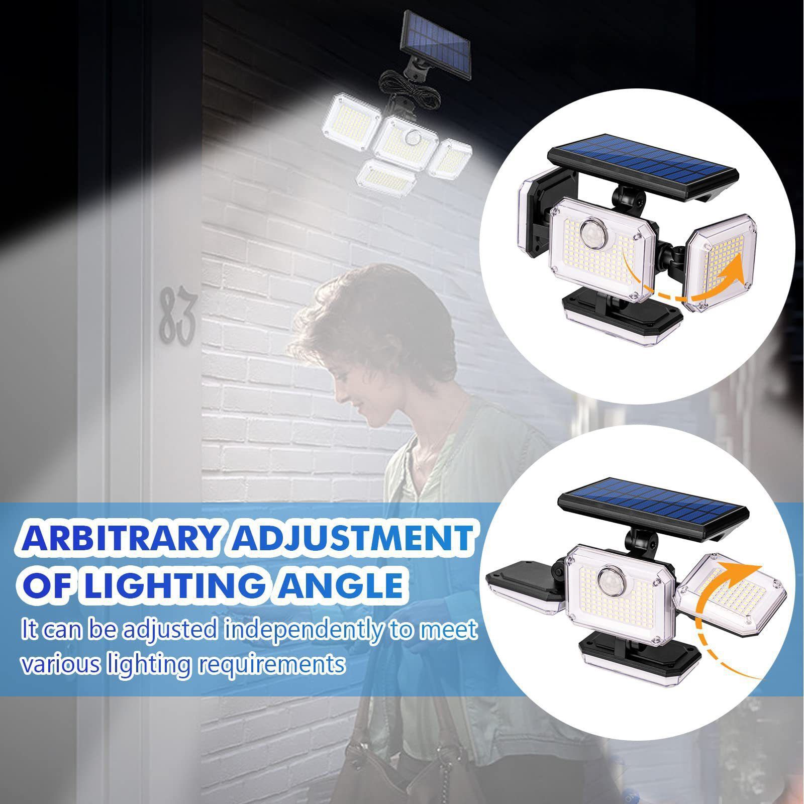 Brighten your outdoors with this four-head solar motion sensor wall light, featuring 333 super-bright LEDs, adjustable panels, and a separate solar — image 4