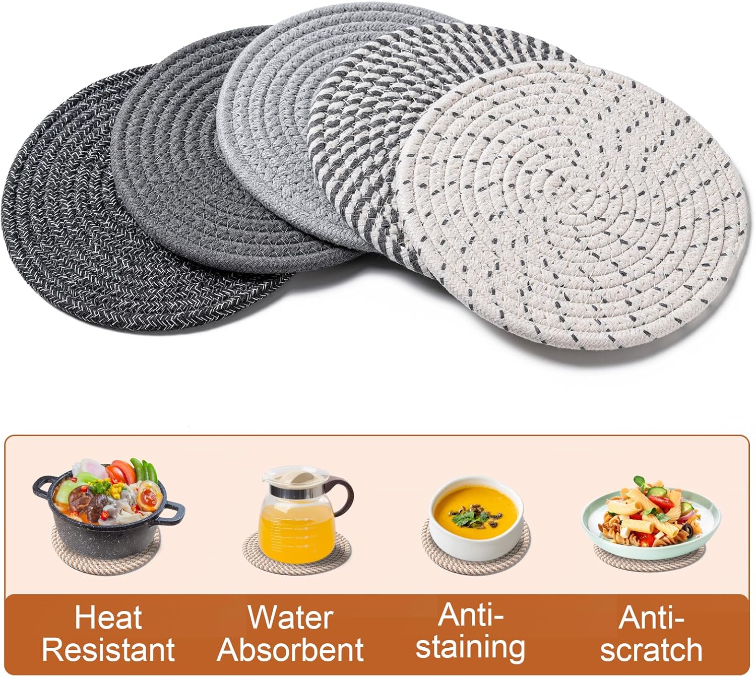 7 Inch Trivets for Hot Dishes, Pots and Pans, 5 Heat Resistant Pot Holders for Kitchen, Home Essentials, Hot Pads for Countertop and Table, Farmhouse Decor โ image 4