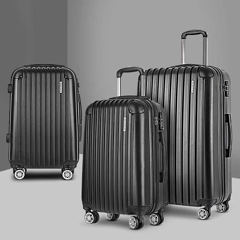 Wanderlite 3 Set Luggage 20-24-28 Inch with Zipper Lock Carry On Hard Shell Travel Suitcase Luggage Case Black