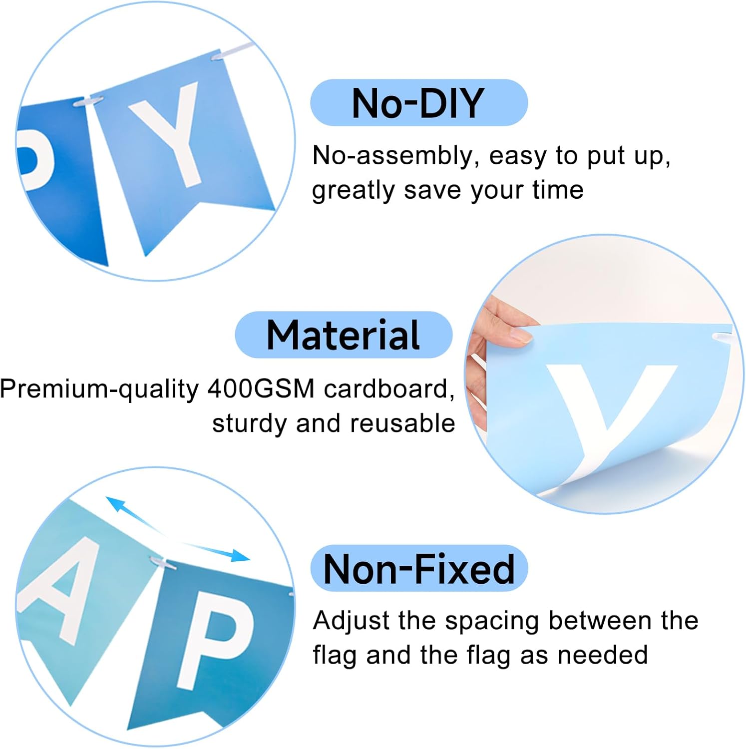 Happy Birthday Banner Large - NO DIY Blue Happy Birthdays Banner Sign Happy Birthday Party Paper Hang Decoration Happy Birthdays Banners Bunting for Men Boy โ image 3
