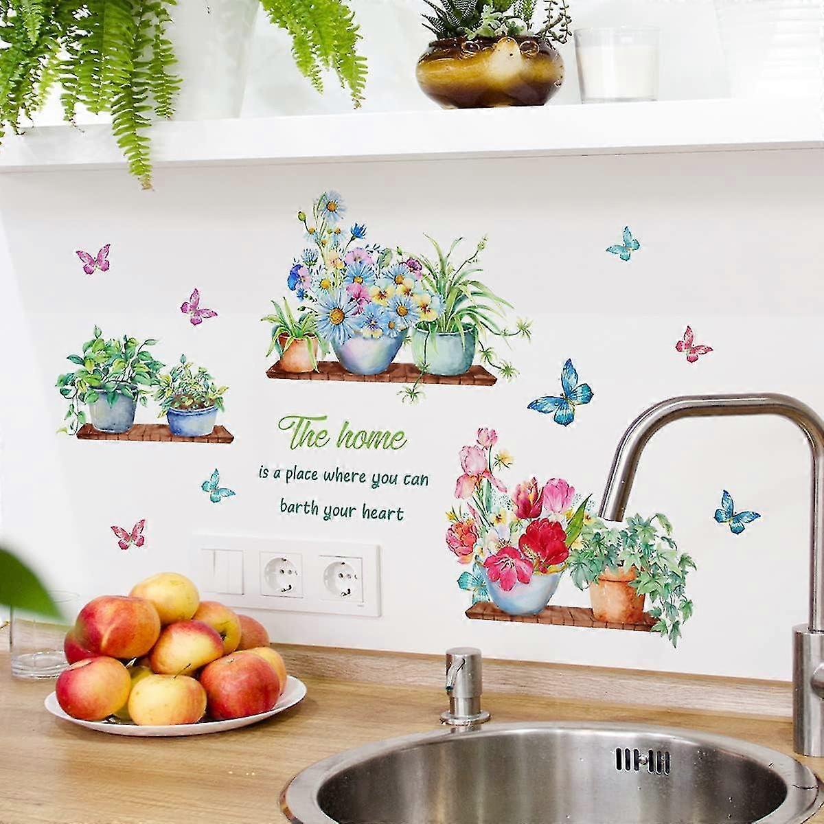 Green Potted Plants Wall Stickers Butterfly Flower Plant Wall Sticker For Kitchen Living Room Decoration — image 5