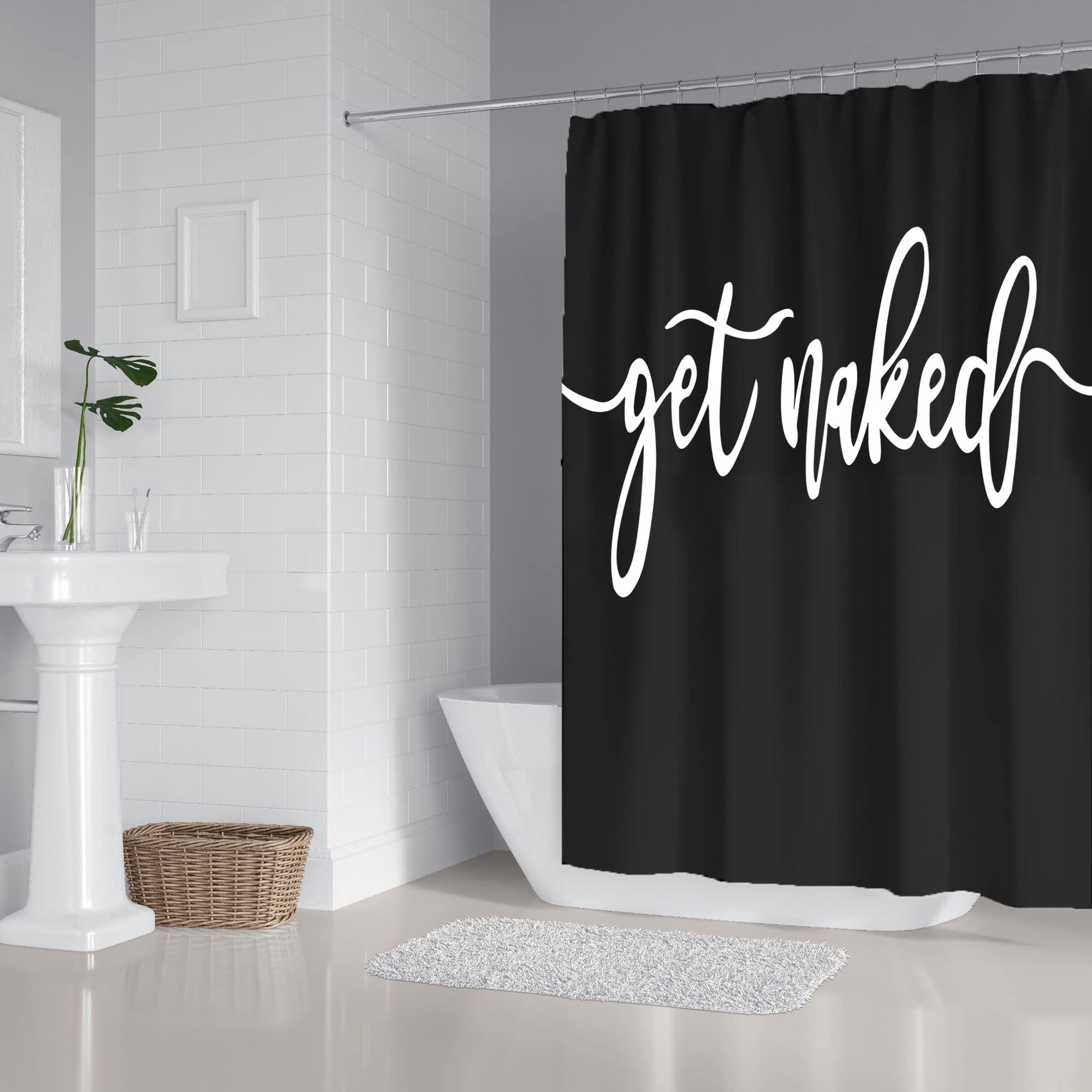 Trendy Shower Curtain White Waffle Funny Words Get Naked on Black Background Durable Waterproof Interesting Cute Bath Curtain โ image 3