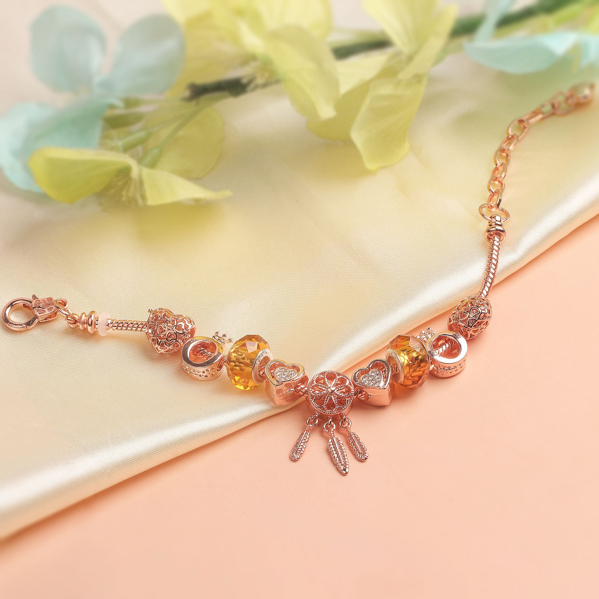 Rose Gold Plated Charm Bracelet with Zircon, Hollow Heart, Flower, Crown & Glass Beads(19cm) โ image 5