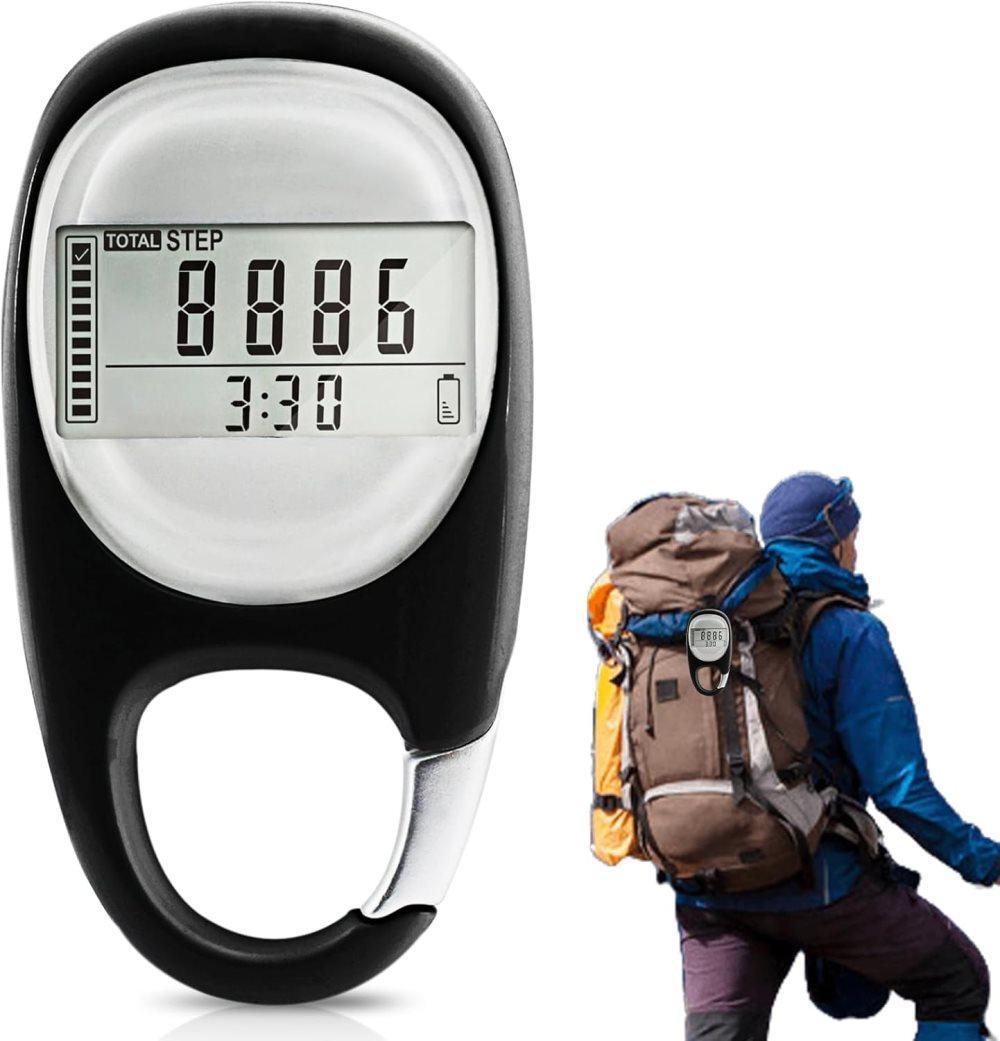 3D Pedometer with LED Display for Running and Walking, Portable Step Counter with Climbing Carabiners, Black