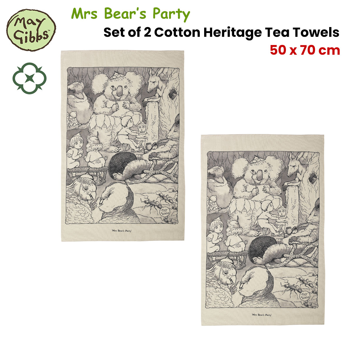 Set of 2 May Gibbs Mrs Bear's Party Cotton Heritage Tea Towels 50 x 70 cm โ image 2