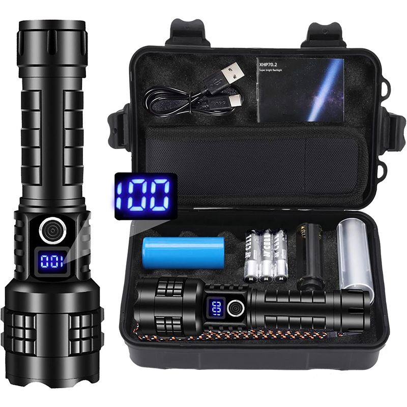 Gift Box Heavy Duty LED Flashlight and Tactical Torch - Waterproof & High Power, Zoomable 5 Modes, USB-C Rechargeable, Digital Display & Emergency Power Bank