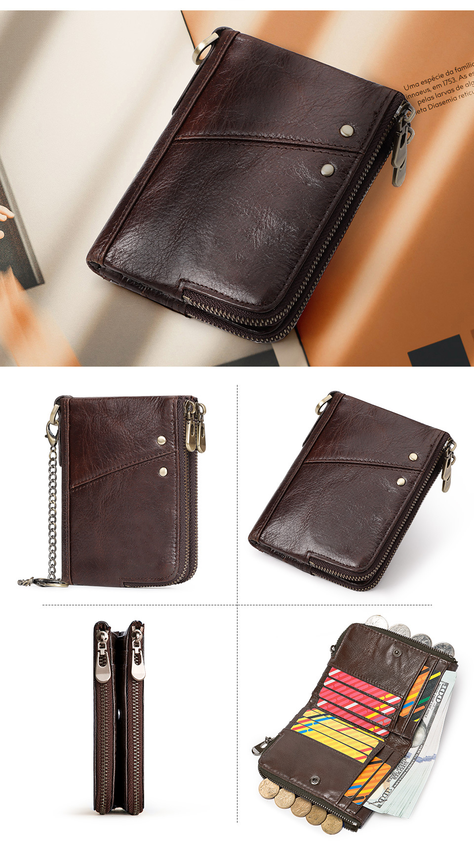 Genuine Leather Mens Wallet Double Zipper - RFID Blocking Bifold Card Holder with Coin Pocket - Black Gift for Him — image 5