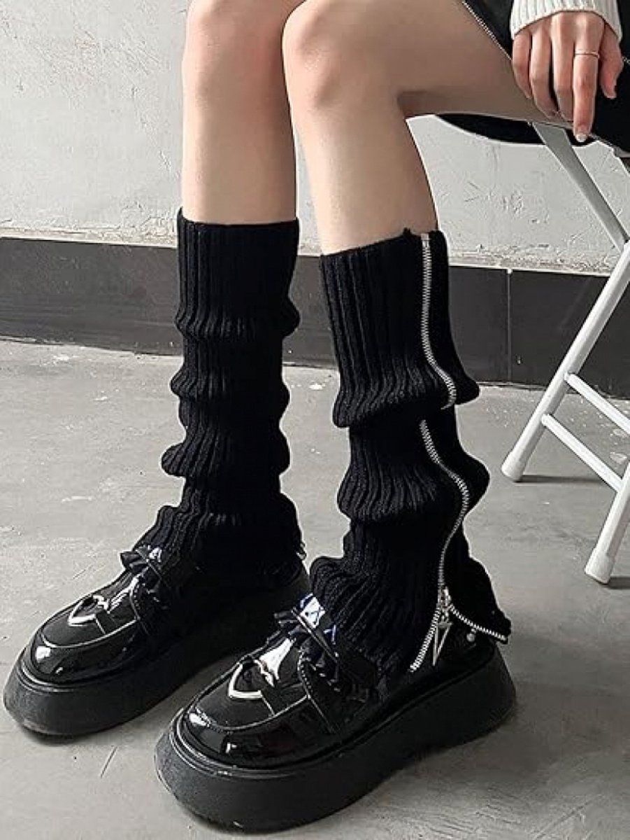 Knitted Leg Warmers Over the Knee Boot Socks with Zipper Black — image 4