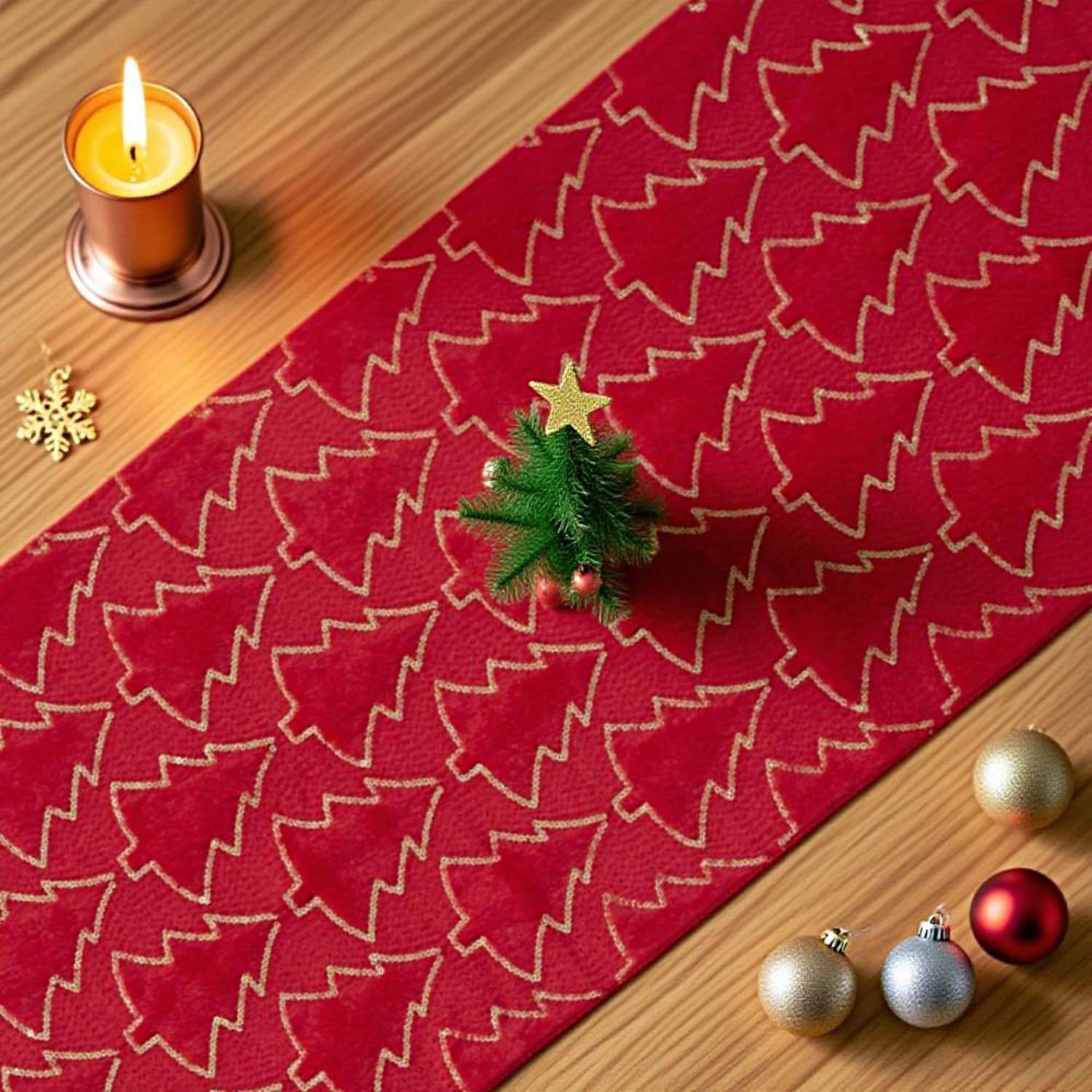 Christmas Table Runner with 10 Mini Christmas Hats, 13x72 in Soft Faux Fur with Sequined Xmas Trees Holiday Winter Home Party and Indoor Festive Decor for โ image 3
