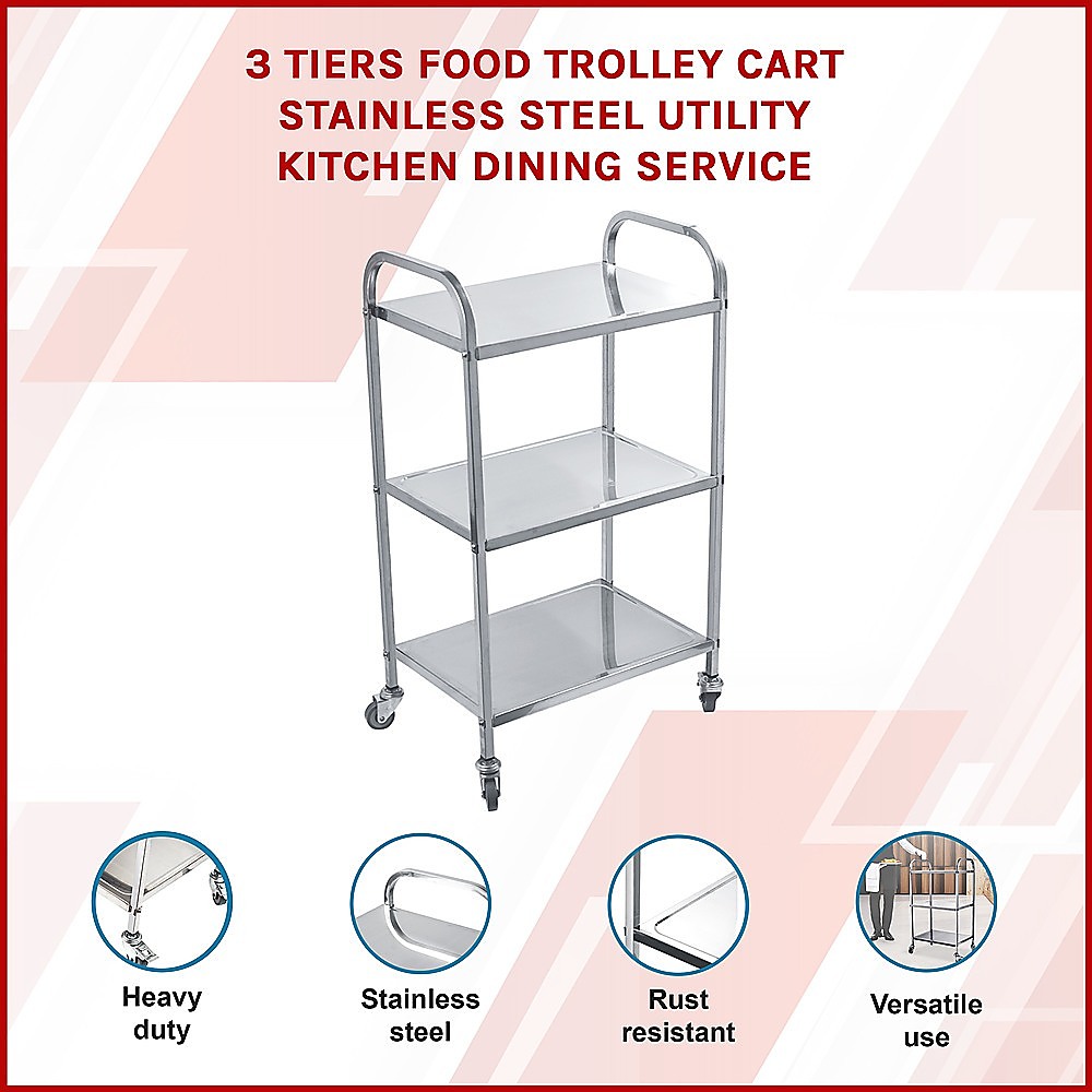 3 Tiers Food Trolley Cart Stainless Steel Utility Kitchen Dining Service โ image 3