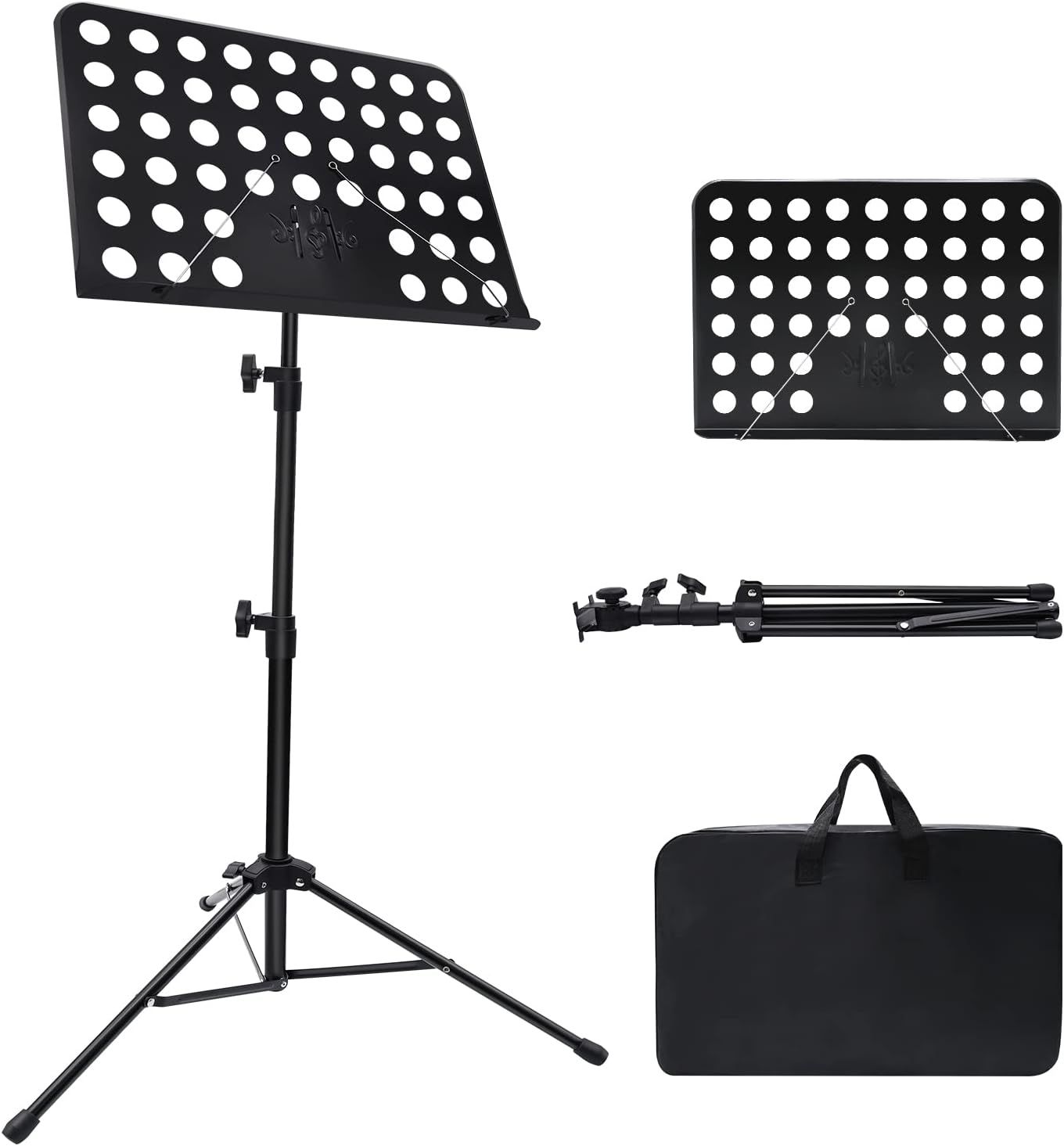 Sheet Music Stand with Carry Bag, Adjustable Folding Music Holder for Guitar, Ukulele, Violin, School Practice and Stage Use, Black