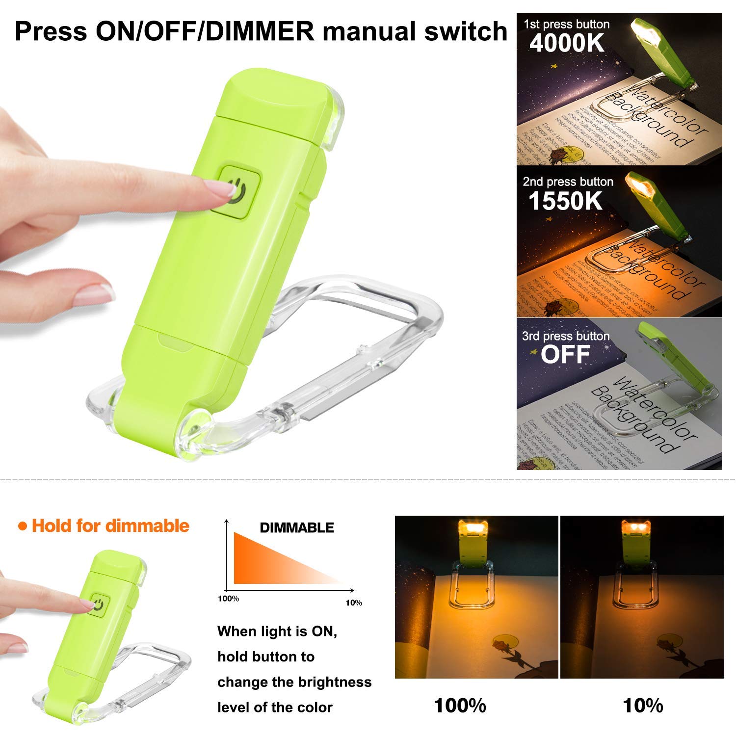 Rechargeable LED Book Light with Dimmable Warm White & Amber Modes – USB-Powered Clip-On Reading Lamp for Books, Sheet Music & Travel (Green) — image 3