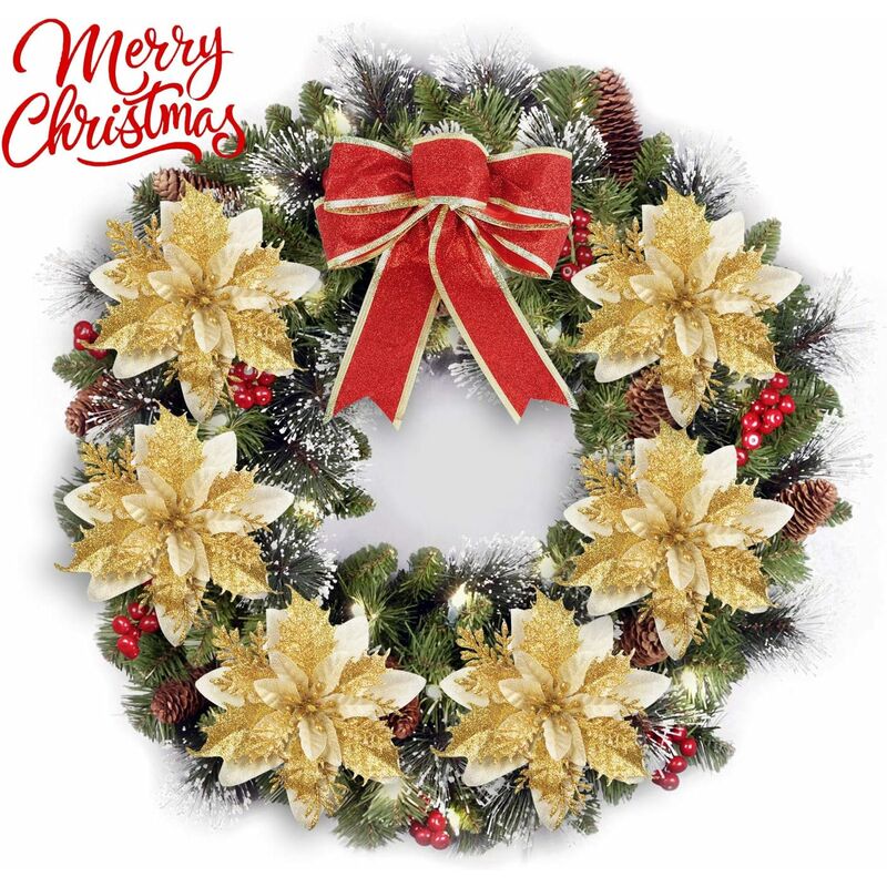 12 pcs Glitter Christmas Flowers (15Cm) With 12 pcs Artificial Poinsettia For Christmas Tree(Gold) — image 3
