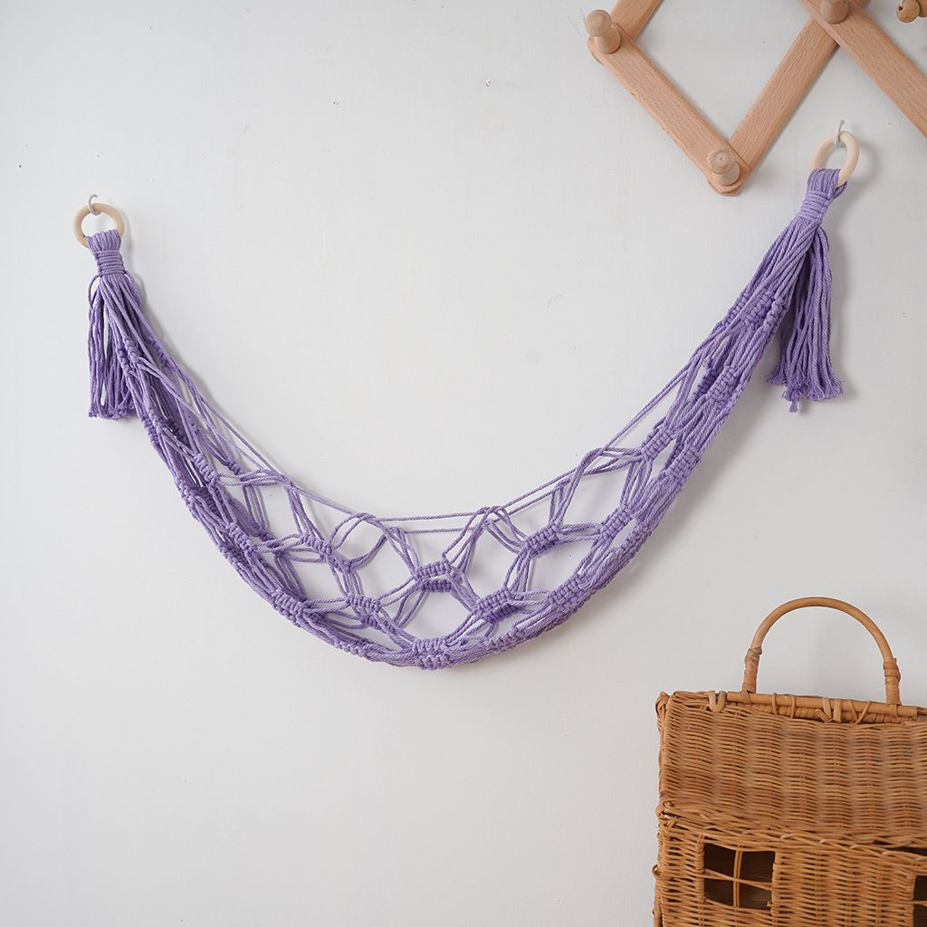 Wall mounted handmade toy hammock storage container filled with animal display plush toy rack Bohemian decoration, suitable for daycare purple — image 2