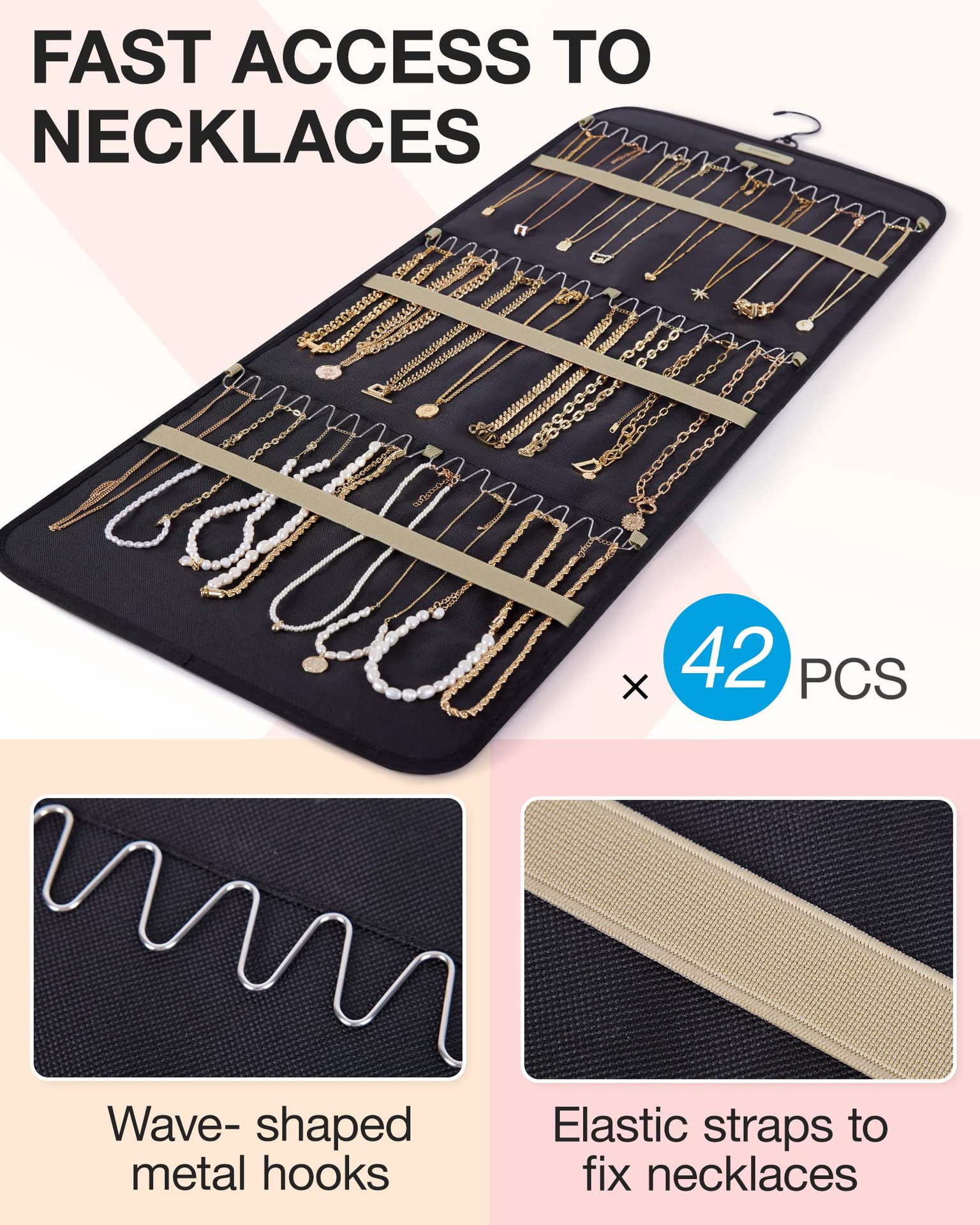 Pink Hanging Jewelry Organizer - Closet Storage for Necklaces, Earrings, and Rings with Clear Pockets(14*33inch) โ image 4