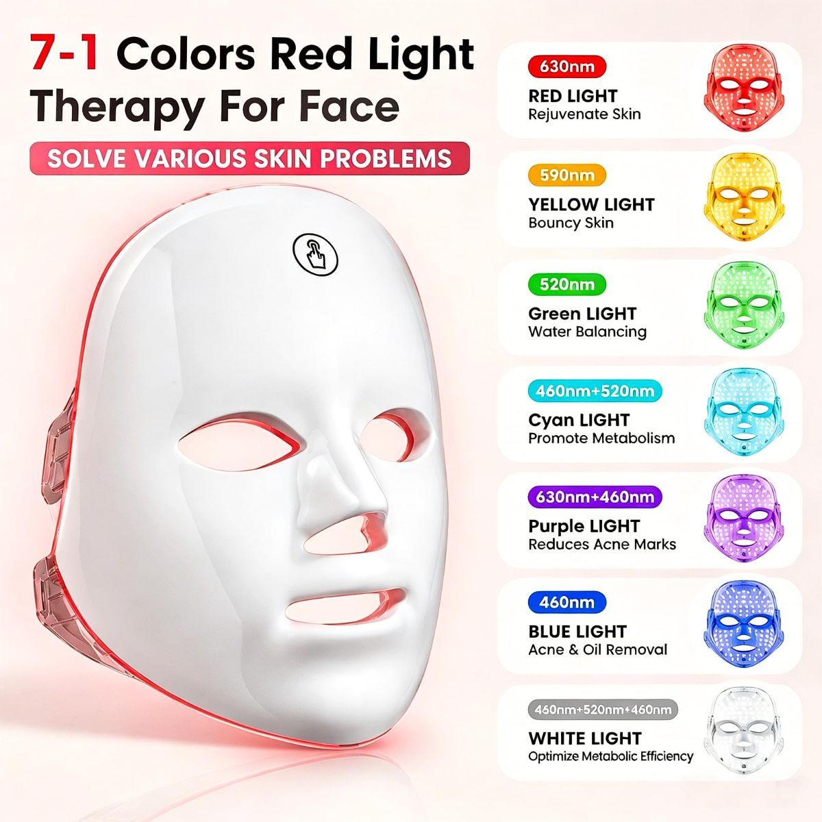 Red Light Mask for Face, 7 Color Red Light Facial Masks, At-Home Facial Care Device, Portable, Cordless, and Rechargeable - Multi-color - Size 230mm — image 4