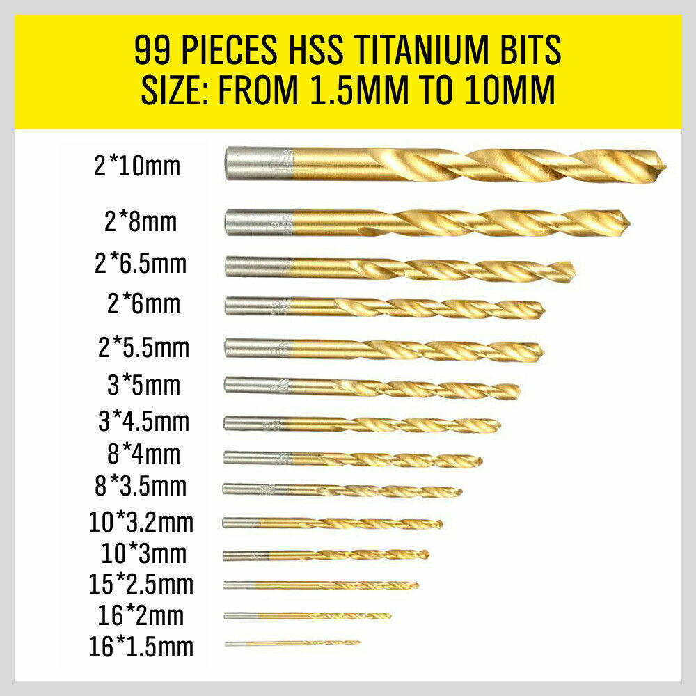 99Pc Drills Set HSS Titanium Coated Wood Plastic Metal Metric 1.5-10mm With Case โ image 6