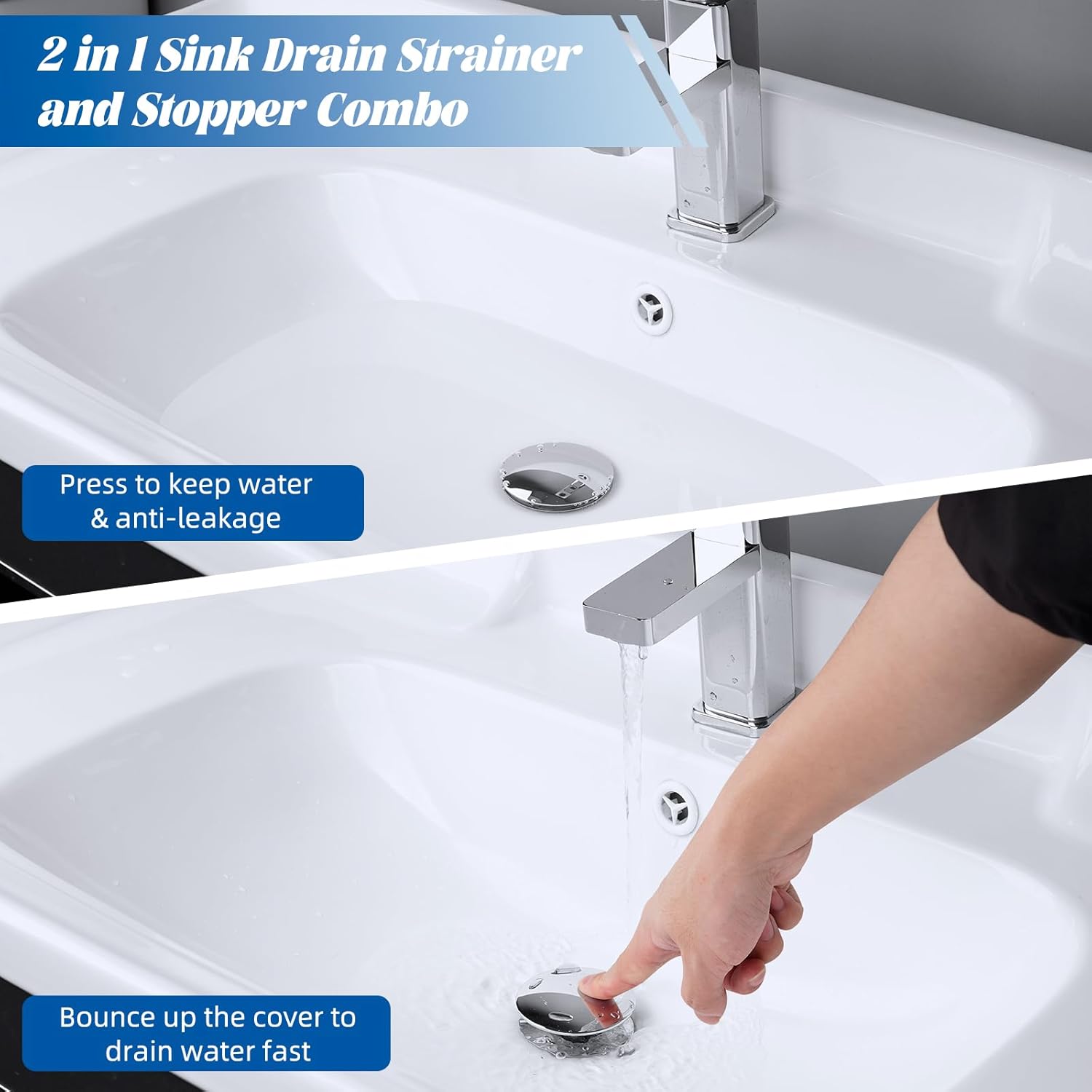2 Pack All Metal Upgraded Bathroom Sink Stopper, Universal Pop Up Sink Drain Strainer, Brass Bullet Core Push Type Sink Stopper for 1''~2.3''' Basin, Anti β image 3