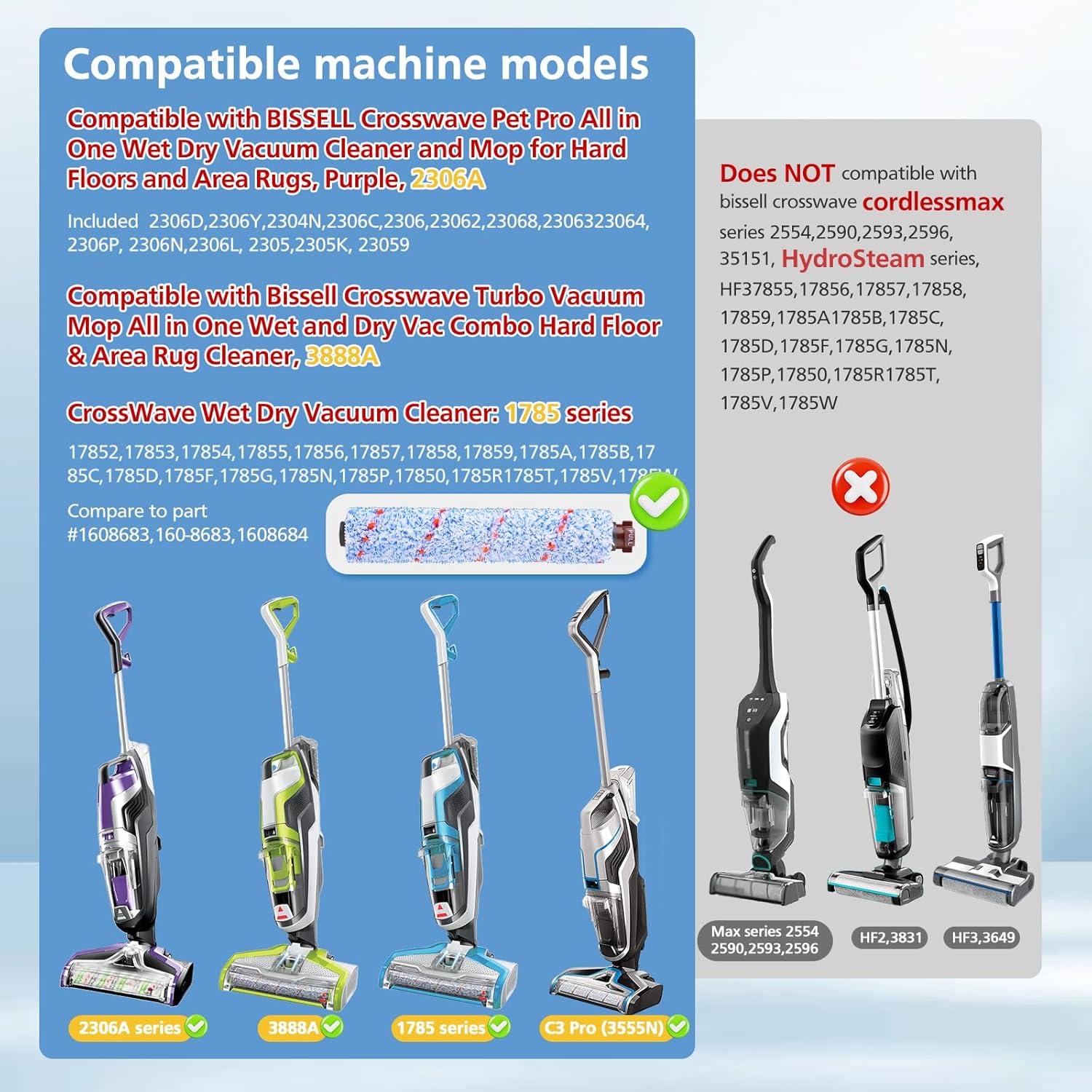 Replacements Compatible with Bissell CrossWave, 3 Multi-Surface Brush Roll 1868 + 3 Vacuum Filter 1866 Vacuum Filter, Compare to Part 1608683, 160-8683 — image 2