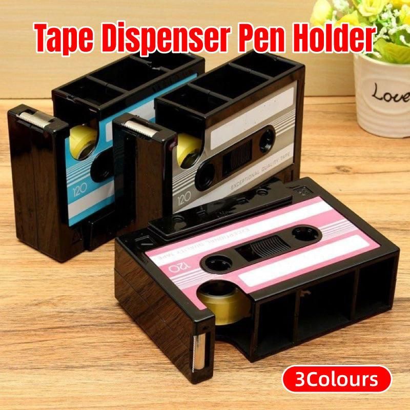 Retro Cassette Tape Style Pen Holder with Tape Dispenser Desktop Organizer - Grey — image 2
