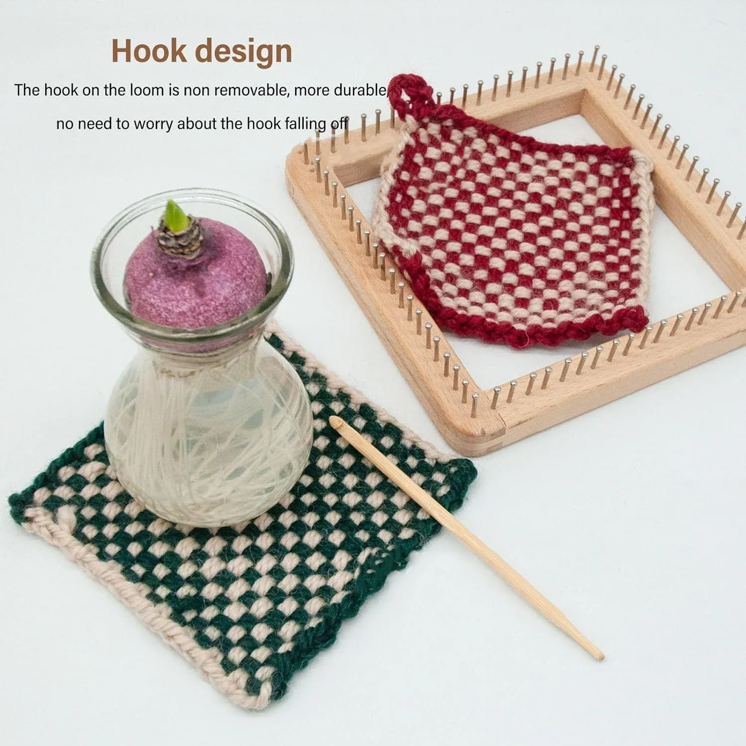 Square Wooden Knitting Loom Board, Beech Wood with Stainless Hooks for Blankets Scarves, 30 x 30cm โ image 2