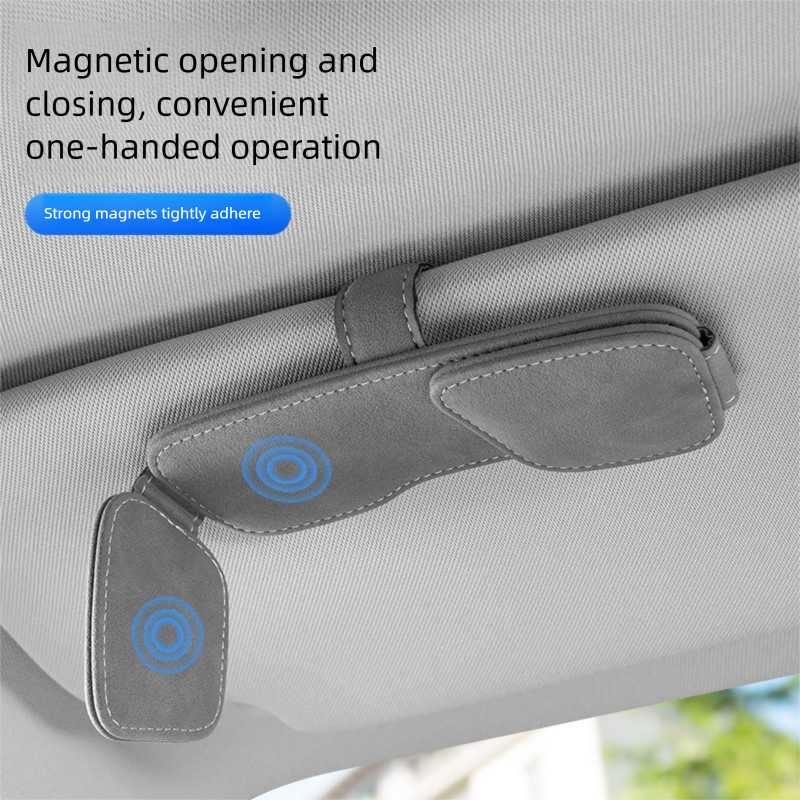 Brown Car Sun Visor Sunglasses Holder – Magnetic Dual Clip Organizer with Suede Finish, No-Drill Mounting for Glasses, Cards & Tickets — image 2