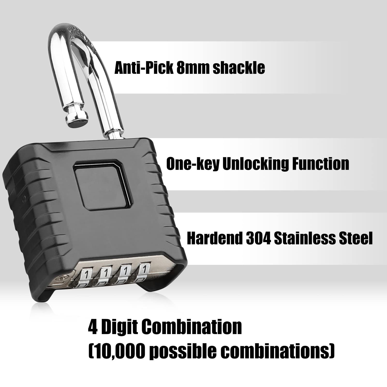 1 Pack Large Heavy Duty 4 Digit Combination Lock, One Touch Unlocking, Anti-Error Feature, High Security Outdoor Waterproof(Black) — image 2