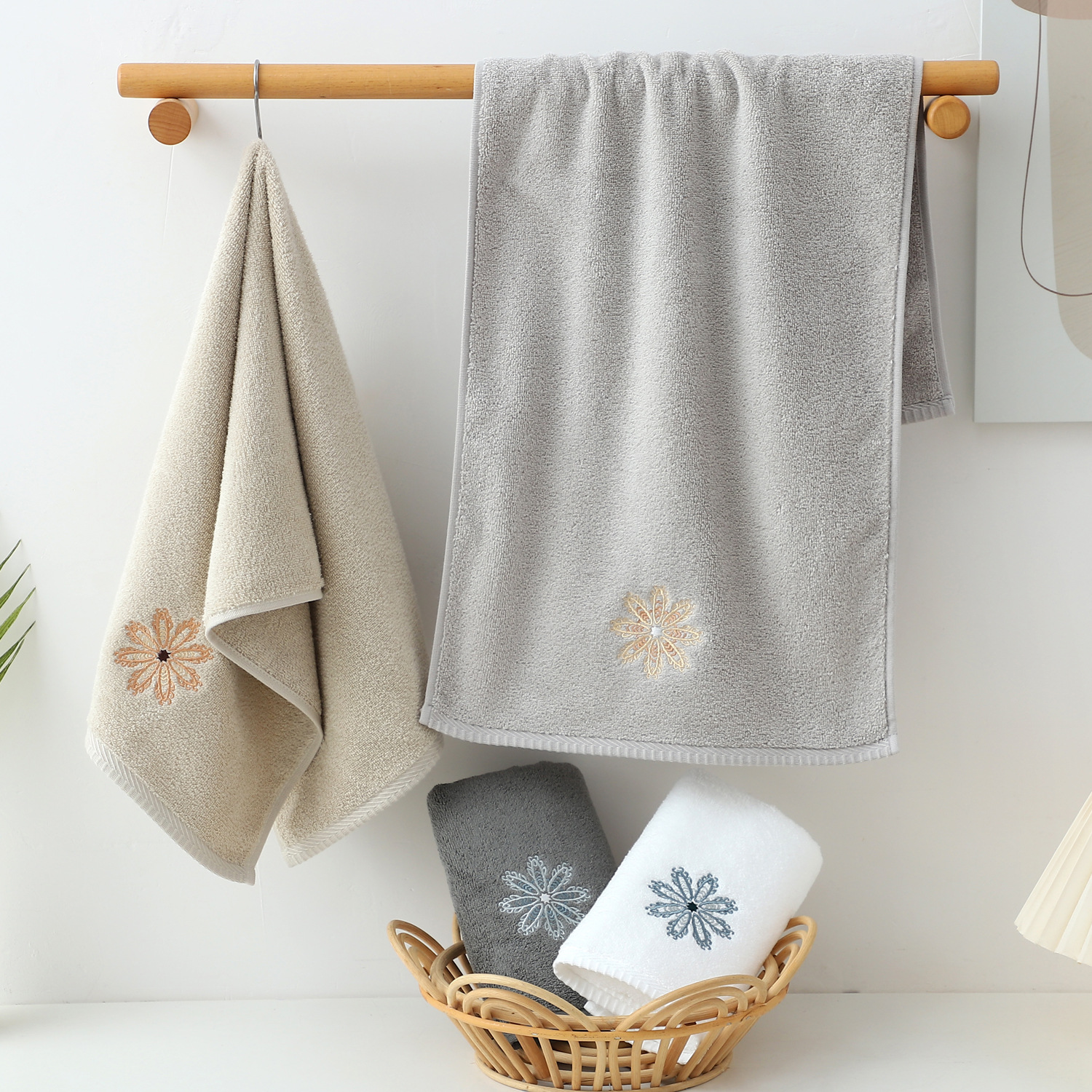 Grey 4-Pack Elegant Glod Floral Embroidered Cotton Hand Towels - Ultra Soft & Absorbent — image 4