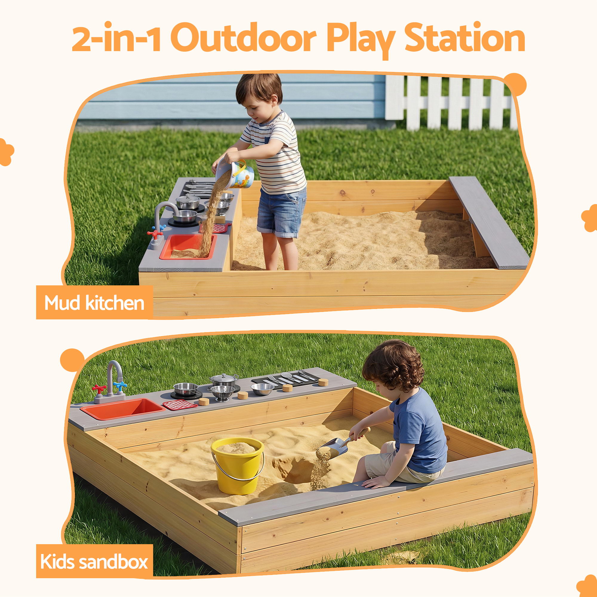 Keezi Wooden Sandpit Sand Pit Outdoor Kids Toy Box Mud Kitchen Sink Storage Bench — image 4