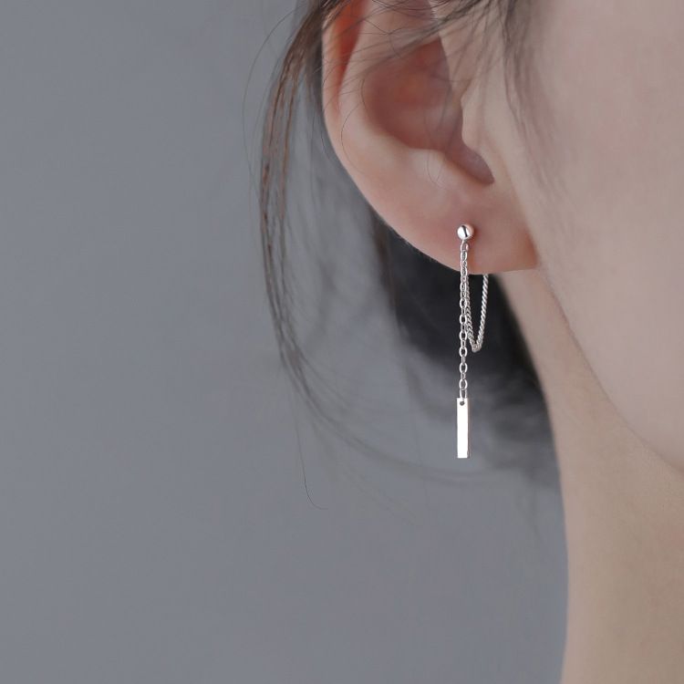 Silver Bar Dangle Earrings for Women Teen Girls Minimalist Dangle Earrings Threader Chain-Electroplating+Alloy — image 3