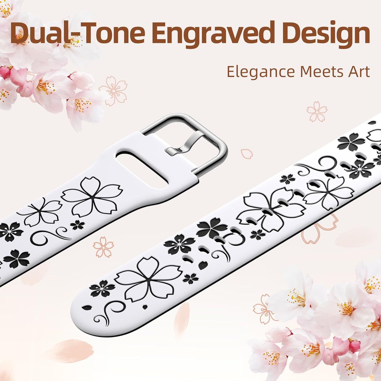 Floral Engraved Band-Compatible with Samsung Galaxy Watch 7 Band 6 4 5 40mm 44mm/5 Pro/6 4 Classic/Active 2, 20mm Cute Two-Tone Flower Soft Silicone Sport — image 3
