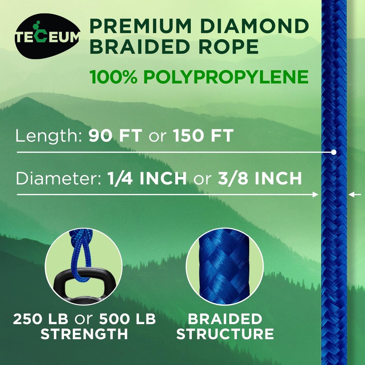 Rope – 90 Feet x 1/4 Inch (7mm) – Blue – Strong All-Purpose Utility Rope – Camping, Crafting, Flag Pole, Indoor & Outdoor – Polypropylene Nylon Poly — image 2